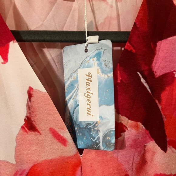 NWT Pink and White Floral Puff Sleeve V Neck High Waist Maxi Dress Size Small - Picture 7 of 15